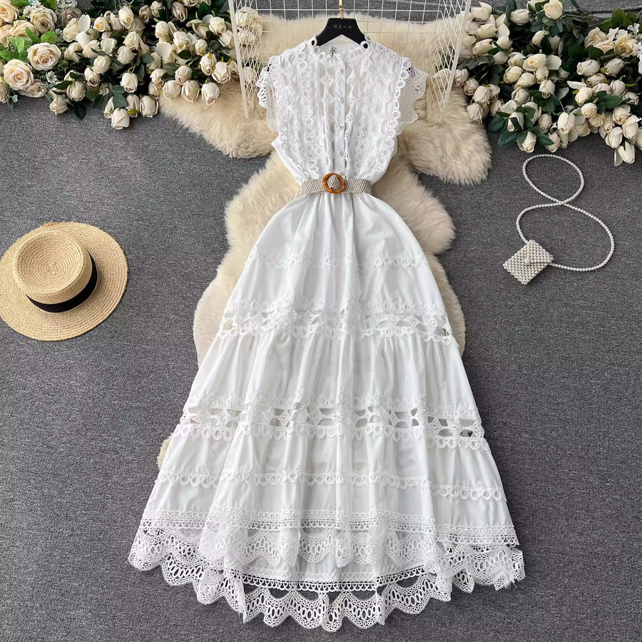 High Quality Sleeveless Stand Collar Hollow Out Belt Water Soluble Embroidery Embroidery Long Elegant Dress