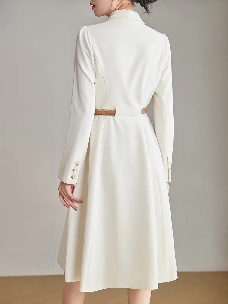 Elegant White High-End Long-Sleeved Double-Breasted High-Quality Dress Creamy-white / XL Elegant White High-End Long-Sleeved Double-Breasted High-Quality Dress Creamy-white / XL