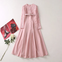 Elegant long sleeve pink lace midi dress with patchwork and high quality belt