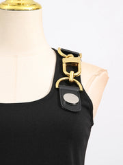 Square neck, sleeveless, patchwork top with high quality metal buckle