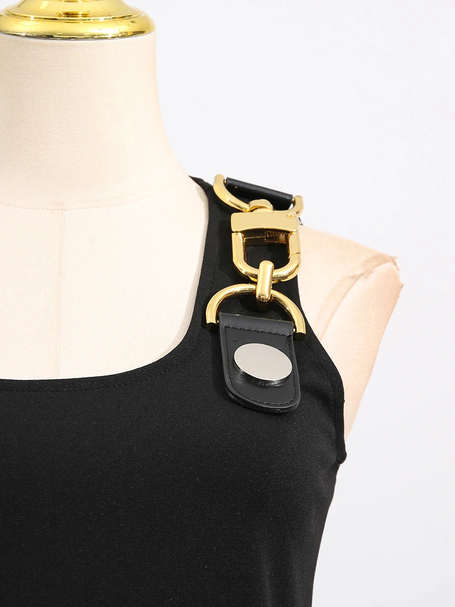 Square neck, sleeveless, patchwork top with high quality metal buckle