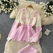 Elegant Knit Patchwork Two Pieces Sets Chic Vintage Cardigan High Waist Mesh Mermaid Skirt Casual Vacation Sets