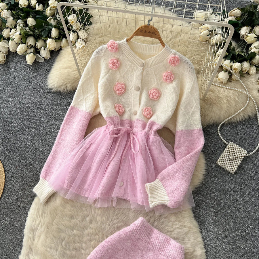 Elegant Knit Patchwork Two Pieces Sets Chic Vintage Cardigan High Waist Mesh Mermaid Skirt Casual Vacation Sets