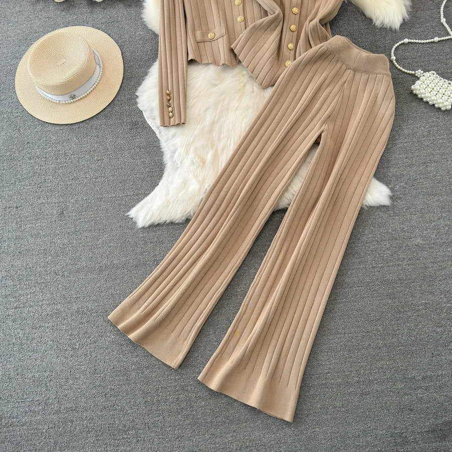 Three Piece Knitted Sets Single Breasted Cardigan, Tank Top and High Waist Wide Leg Long Pants