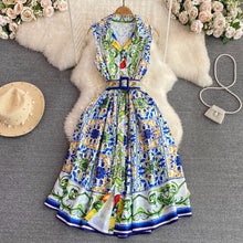 High Quality Flower Print Belted Turn-down Collar Sleeveless One-Breasted Flare Dress