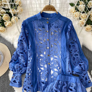 Summer Embroidery Maxi Dress Two Piece Set Women Blue Hollow Lace Long Sleeve Blouse Shirts 3pcs Sets Elastic Waist Skirts Suits