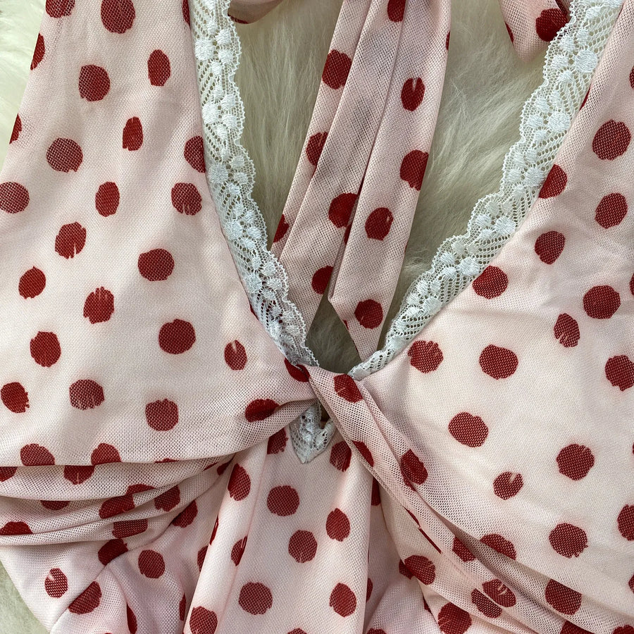 Elegant Sexy Lace Trim Knot V-Neck Halter Woman Dress Summer Ruffle Mesh Polka Dot Mini Woman Party Club Daily Streeywear Dress