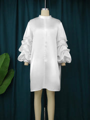 High quality elegant high neck long puff sleeves loose white dress