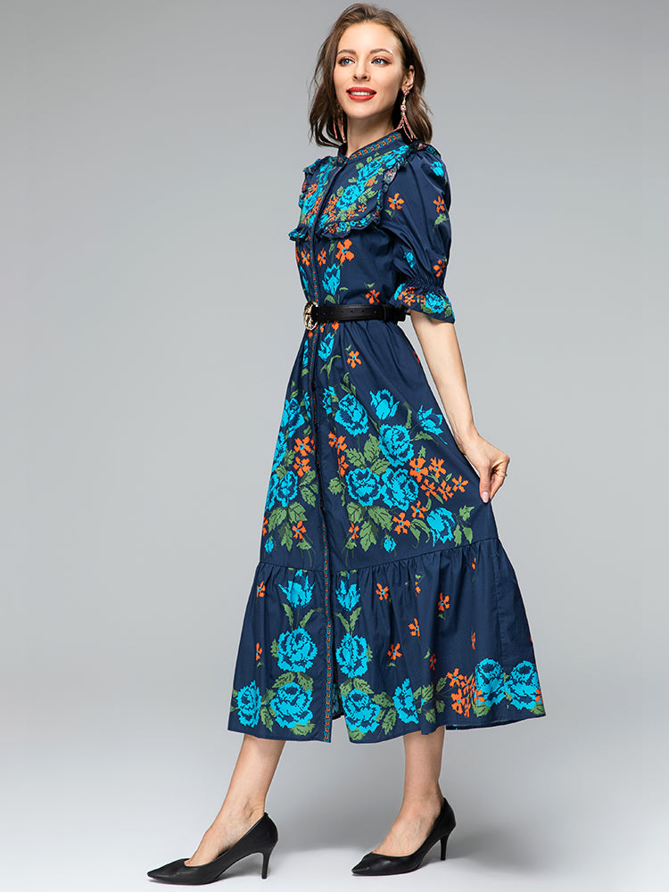 Floral three-quarter sleeve midi dress with high quality belt