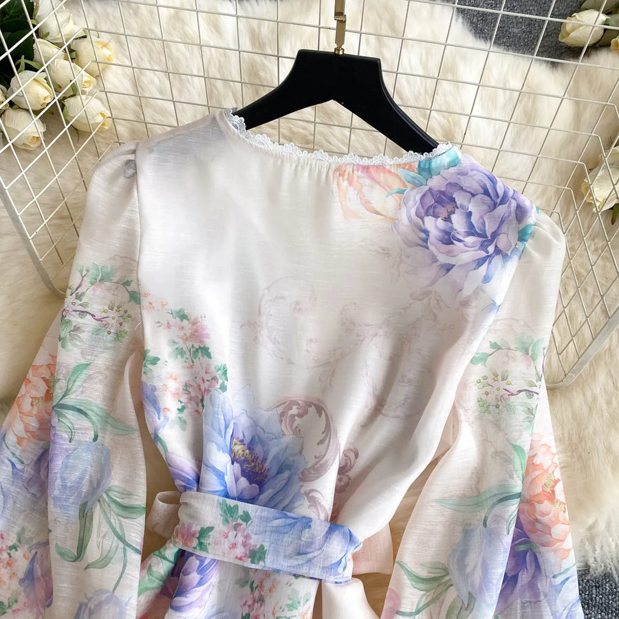 Lace Chiffon Floral Dress Maxi A-line Lantern Sleeve V Neck Spring Women Retro French Fairycore Elegant Vacation Dress