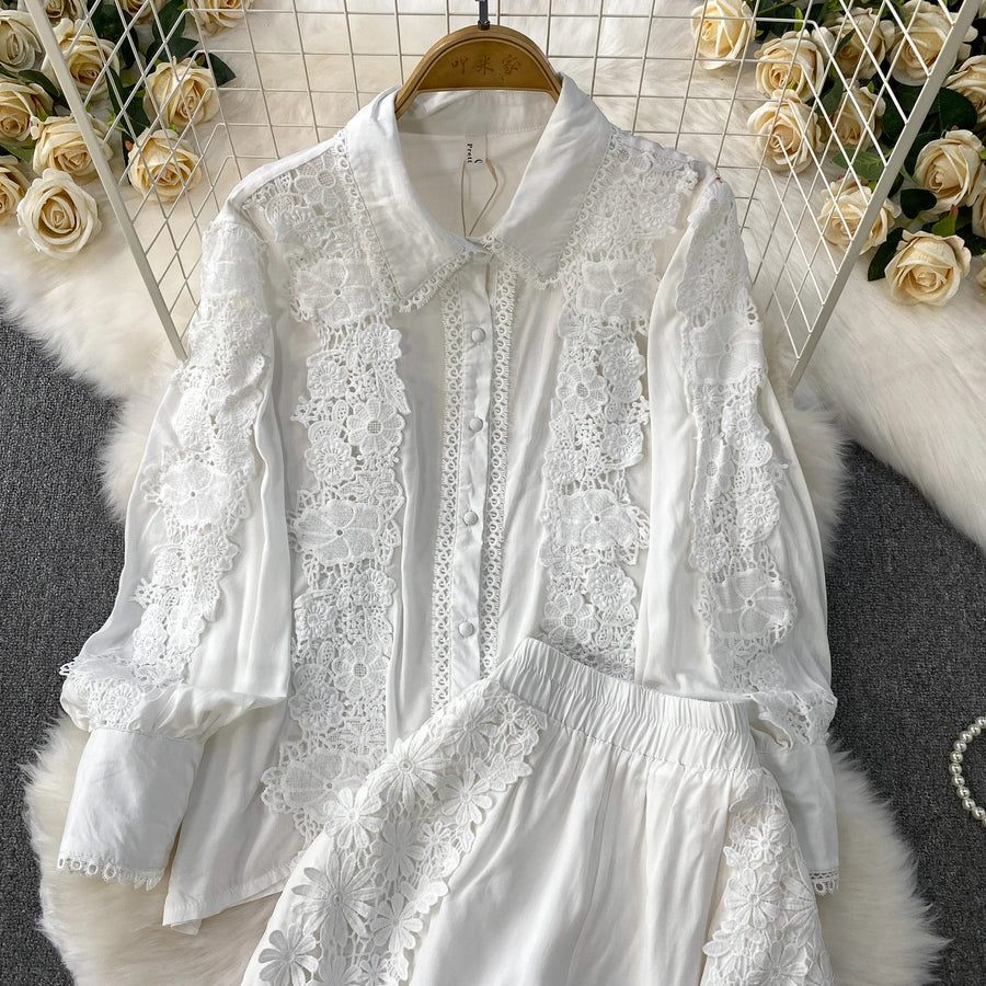 Women Lace Patchwork Pants Set Single Breasted Long Sleeved Shirt Elastic Waisted Trousers Suit Summer Female 2 pieces Sets
