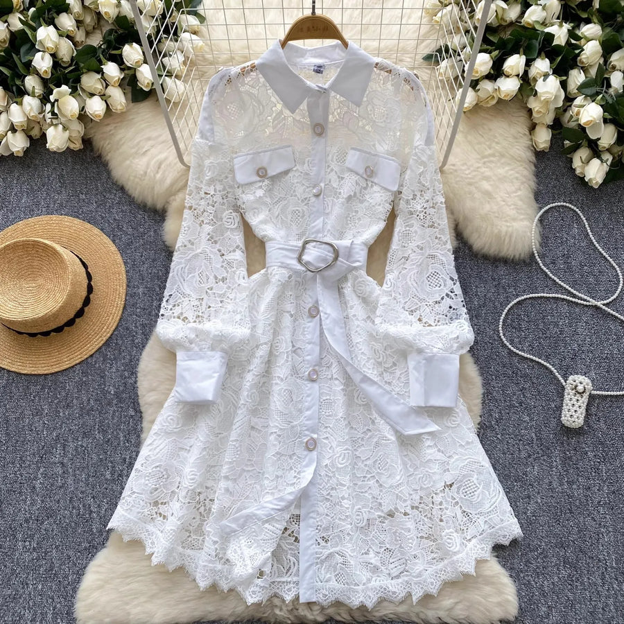 Lace openwork dress with flower embroidery and hook long sleeves, buttons with turn-down collar with high-quality belt