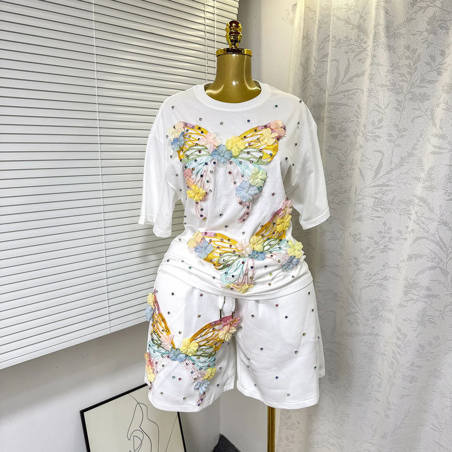 Fashion Butterfly Floral Beading Women's Set T-shirt and Shorts  Summer Active Two 2 Piece Sets Outfit Tracksuit