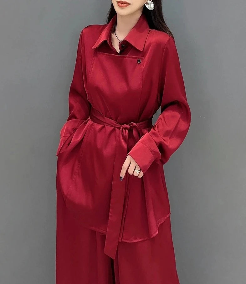 Red and Blue Solid Color Matching Loose Sets Long Sleeve Shirt+Wide Leg Pants High Quality