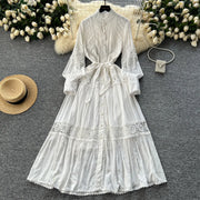 Elegant Long Lantern Sleeve Loose A Line Dress with Lace Patchwork and Pearl Buttons Belt High Quality