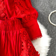 Women Lace Patchwork Pants Set Single Breasted Long Sleeved Shirt Elastic Waisted Trousers Suit Summer Female 2 pieces Sets