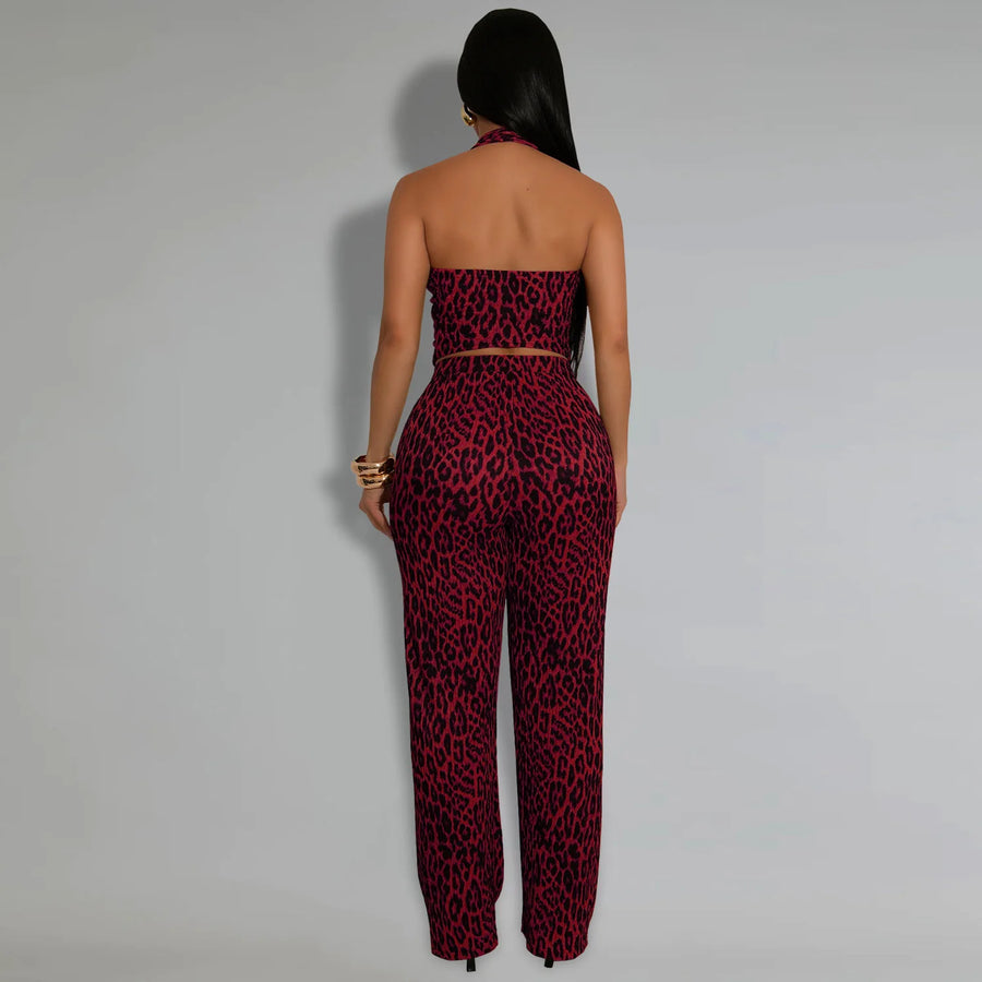 Women's Leopard Two Piece Set Halter Neck Tank Top and Wide Leg Pants