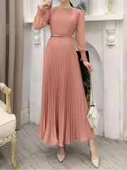 High Quality Bow Front Vintage Belted Bodycon Pleated Long Dress