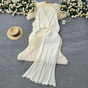 Two Piece Sets Women Skirt Set Full Sleeve Tops Long Skirts A Line High Waist  Streetwear Hollow Out Knit Work Autumn