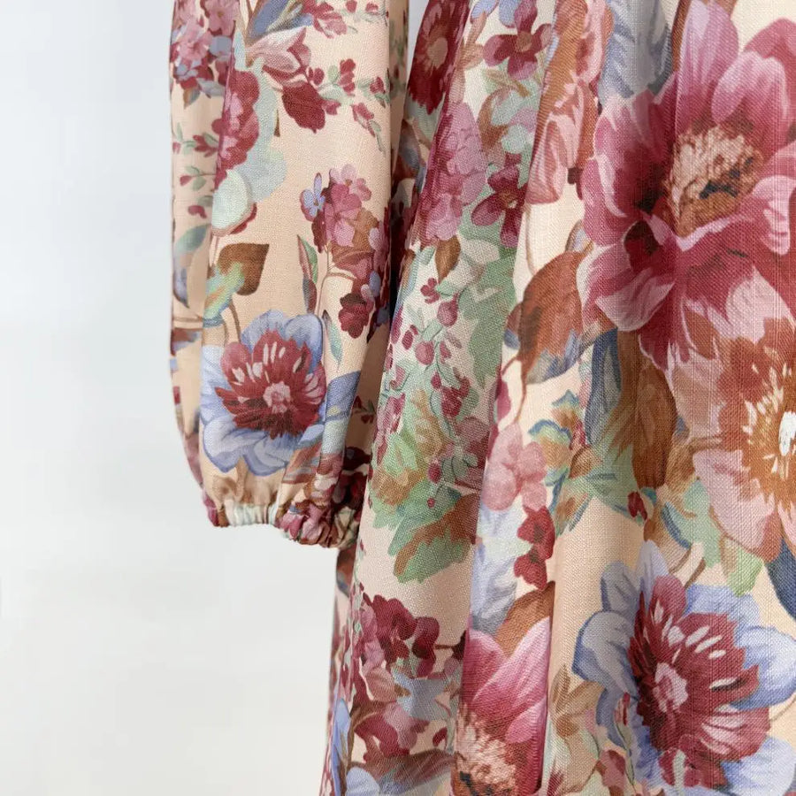 Floral print dress with long sleeves, high neck, and belt, high quality midi length
