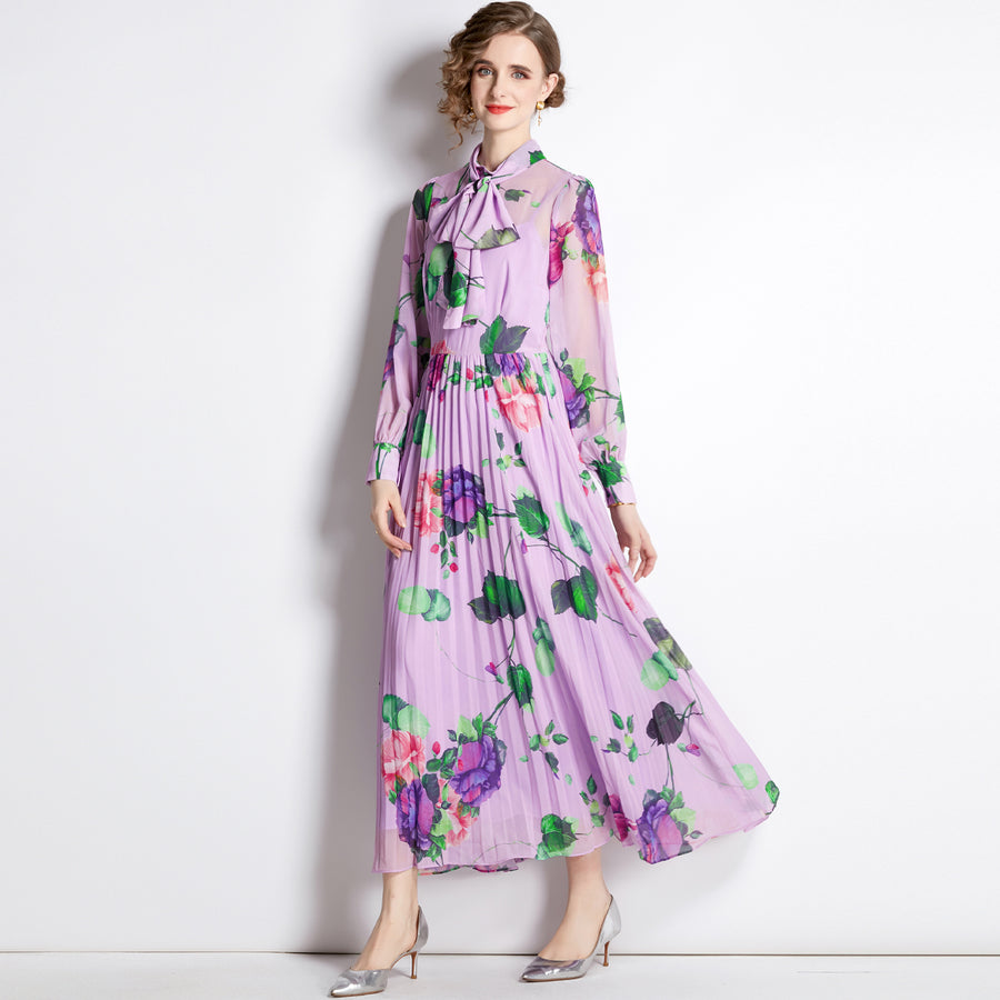 High Quality Floral Print Maxi Long Sleeve Pleated Dress