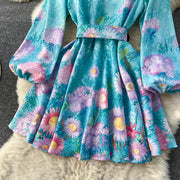 High Quality Floral Print Belted Long Flare Sleeve Stand Collar Flower Mini Dress