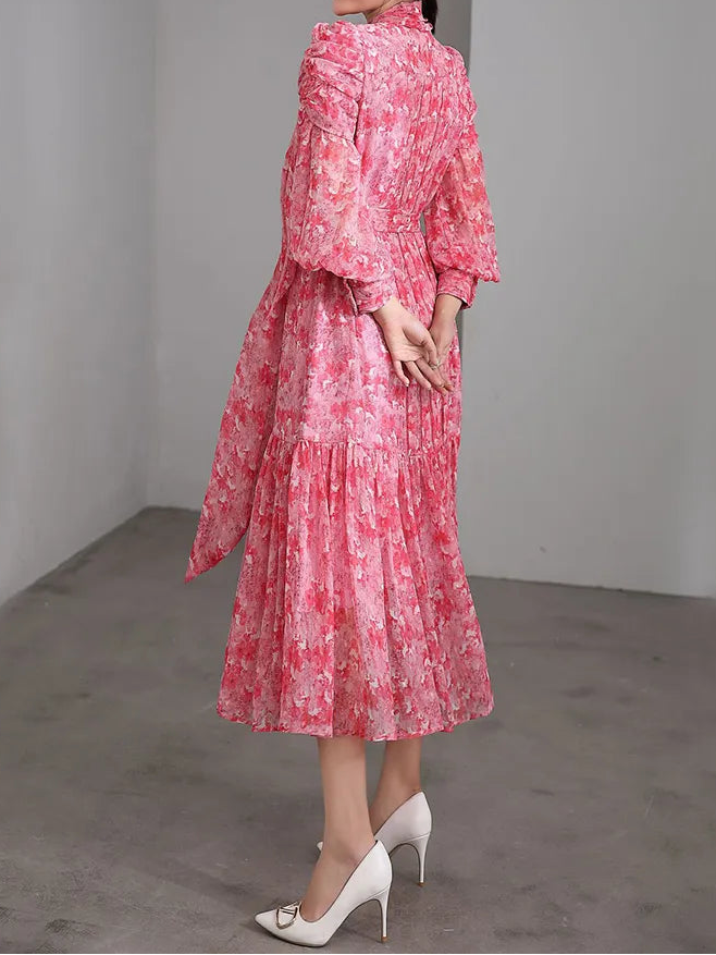 Silk Blending Printing Dress Women Spring Half High Collar with Scarf Belt Sliming Vestidos Party Vacation Fashion