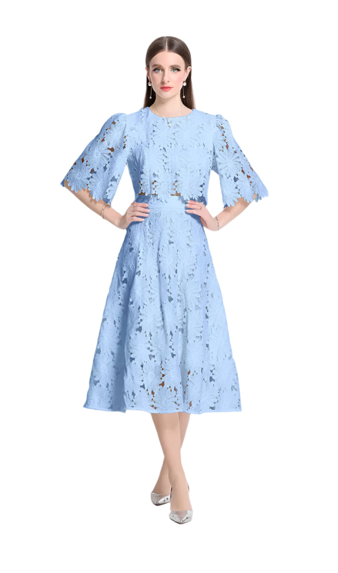 Elegant two-piece set, round neck, hollow-out crop top, high-quality high-waist skirt