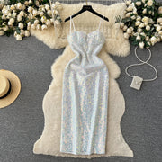 Chic Sequin Backless Slip Dress Sleeveless Korean Fashion Vestidos Women Vintage Summer Hip Wrap Dress