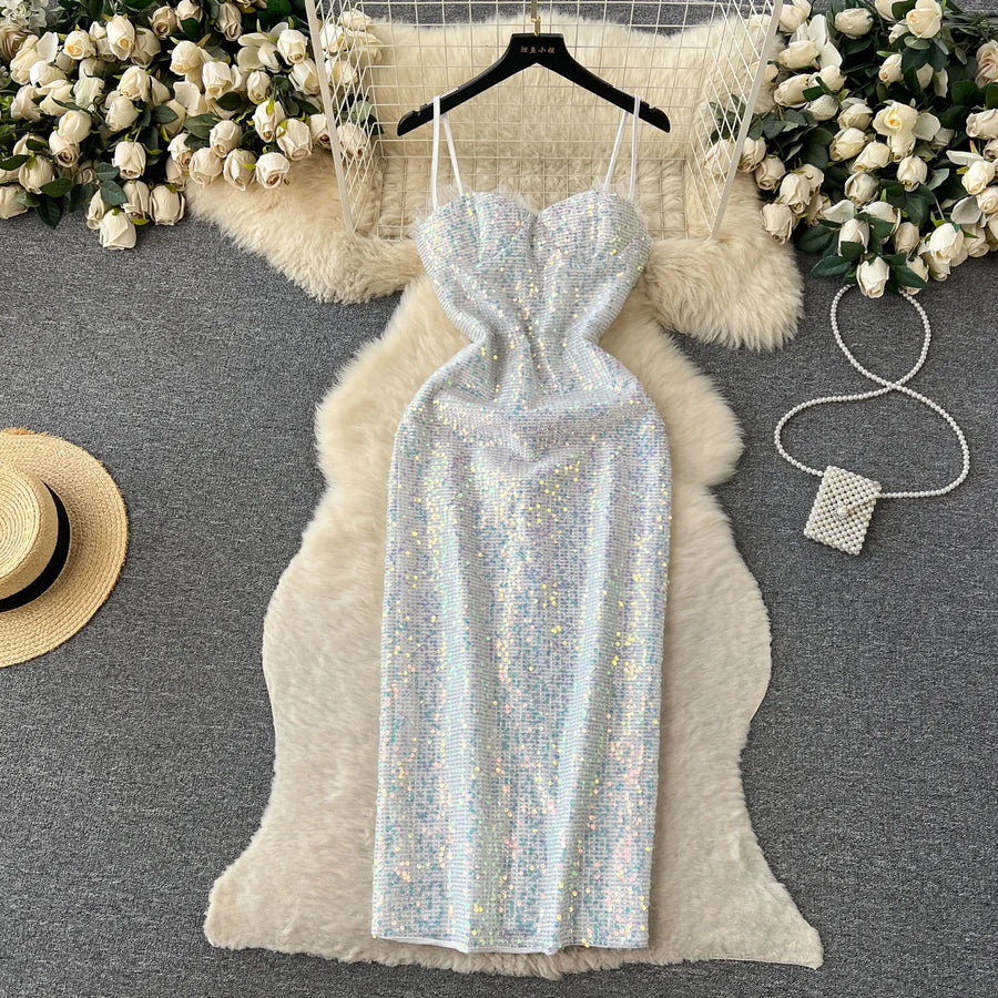 Chic Sequin Backless Slip Dress Sleeveless Korean Fashion Vestidos Women Vintage Summer Hip Wrap Dress