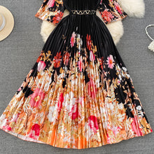 High Quality High Waist Short Sleeve Color Print Pleated O-Neck Dress