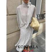 KONDALA Vintage Polka Dot Women Sets Chiffon Bow Tie Loose Blouses Loose Long Skirts Fashion 2026 Spring Summer Holiday Suits