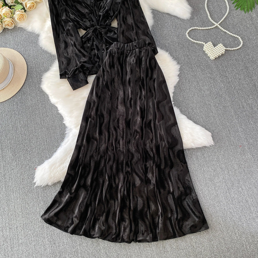 Autumn Velvet Skirt Two-piece Set V-neck Single Breasted Shirt Jacquard Skirts Suit  French Elegant Fashion Women Matching Sets