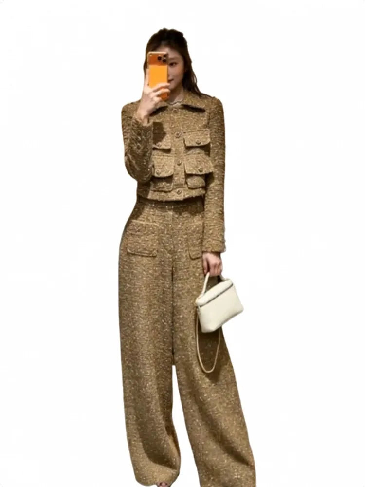 Casual Ladies Work Tweed Multi Pockets Single Breasted Long Sleeves Coat Two Piece Set Elegant Female Straight Long Pant Sets