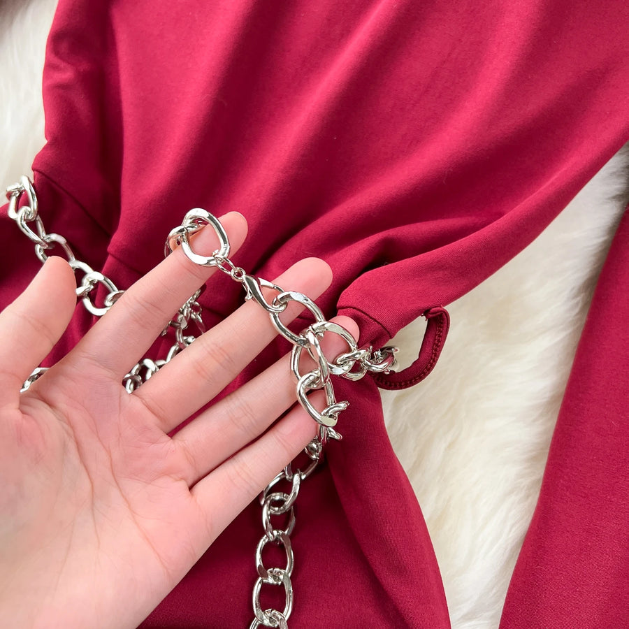 Solid Jumpsuit Chain Round Neck Long Sleeve Cropped Wide Leg Long Pants