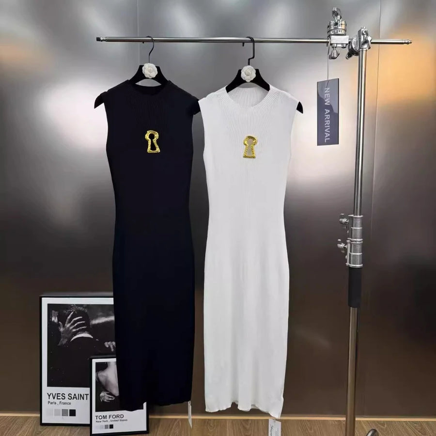 Solid Spliced Hollow Out Long Knitting Dress for Women O Neck Sleeveless High Waist Patchwork Metal Buckle Dresses Female