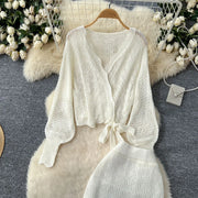 Two Piece Sets Women Skirt Set Full Sleeve Tops Long Skirts A Line High Waist  Streetwear Hollow Out Knit Work Autumn