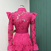 High quality French temperament water soluble lace single-breasted hollow long-sleeved dress