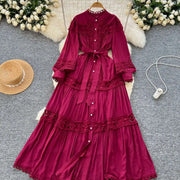 Elegant retro style slit maxi dress with pearl buttons and high-quality crochet embroidery