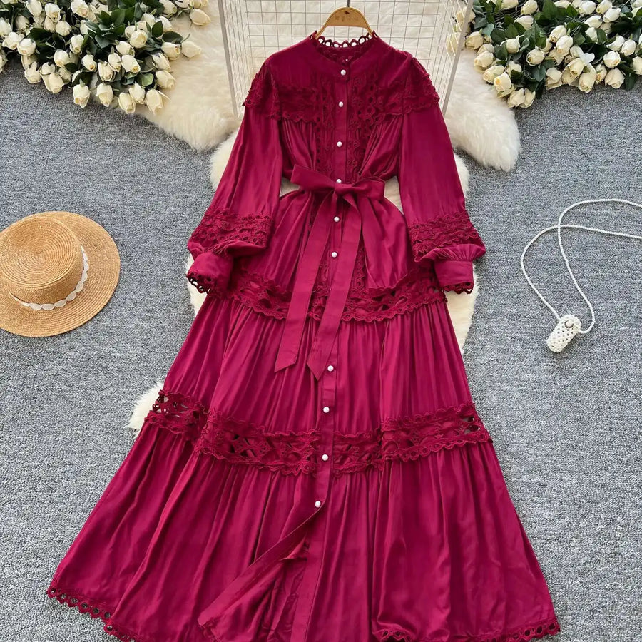 Elegant retro style slit maxi dress with pearl buttons and high-quality crochet embroidery
