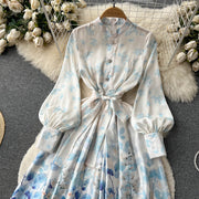 High Quality Satin Belted Floral Print Lantern Sleeve Dress