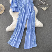 Women Lace Patchwork Pants Set Single Breasted Long Sleeved Shirt Elastic Waisted Trousers Suit Summer Female 2 pieces Sets