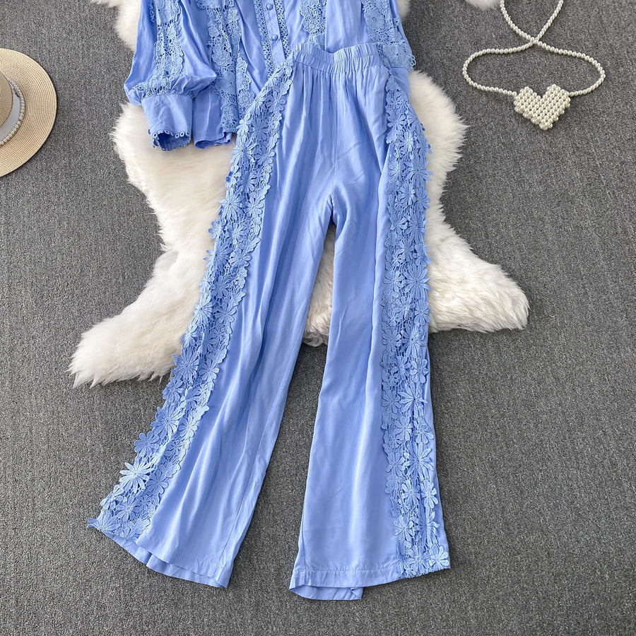 Women Lace Patchwork Pants Set Single Breasted Long Sleeved Shirt Elastic Waisted Trousers Suit Summer Female 2 pieces Sets