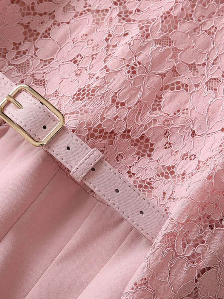 Elegant long sleeve pink lace midi dress with patchwork and high quality belt