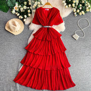 Women Long Dress Cake Dresses A Line Vestidos  Streetwear V Neck Short Sleeve Elegant Party Work Slim Fit Casual Summer