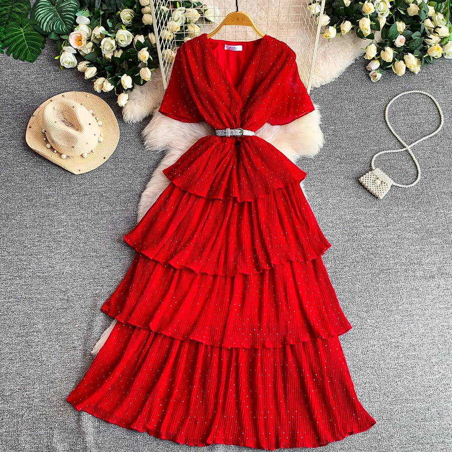 Women Long Dress Cake Dresses A Line Vestidos  Streetwear V Neck Short Sleeve Elegant Party Work Slim Fit Casual Summer
