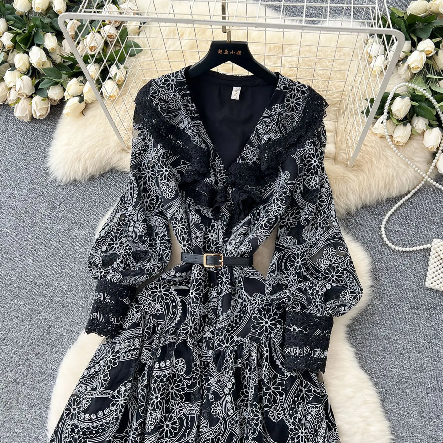 Women Long Dress Dresses Ruffles Vestidos V Neck Lantern Sleeve Elegant Splice Y2k Streetwear Hollow Out Tight Waist Work Party
