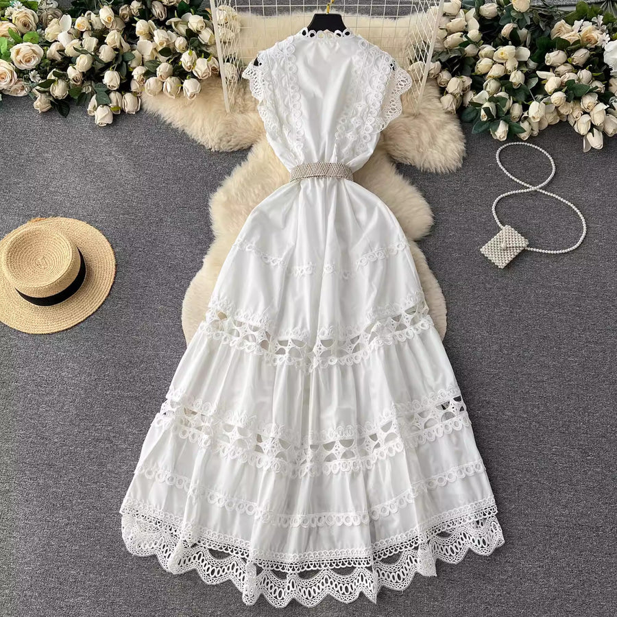 High Quality Sleeveless Stand Collar Hollow Out Belt Water Soluble Embroidery Embroidery Long Elegant Dress