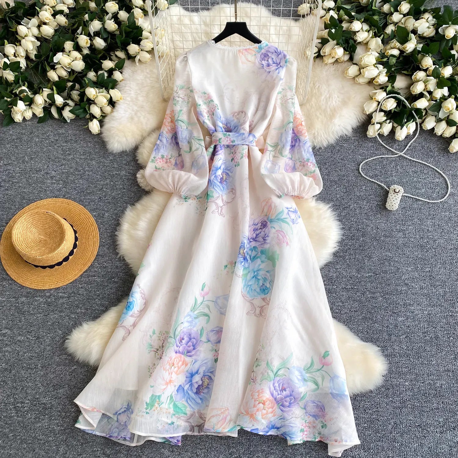 Lace Chiffon Floral Dress Maxi A-line Lantern Sleeve V Neck Spring Women Retro French Fairycore Elegant Vacation Dress