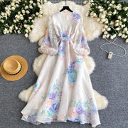 Lace Chiffon Floral Dress Maxi A-line Lantern Sleeve V Neck Spring Women Retro French Fairycore Elegant Vacation Dress